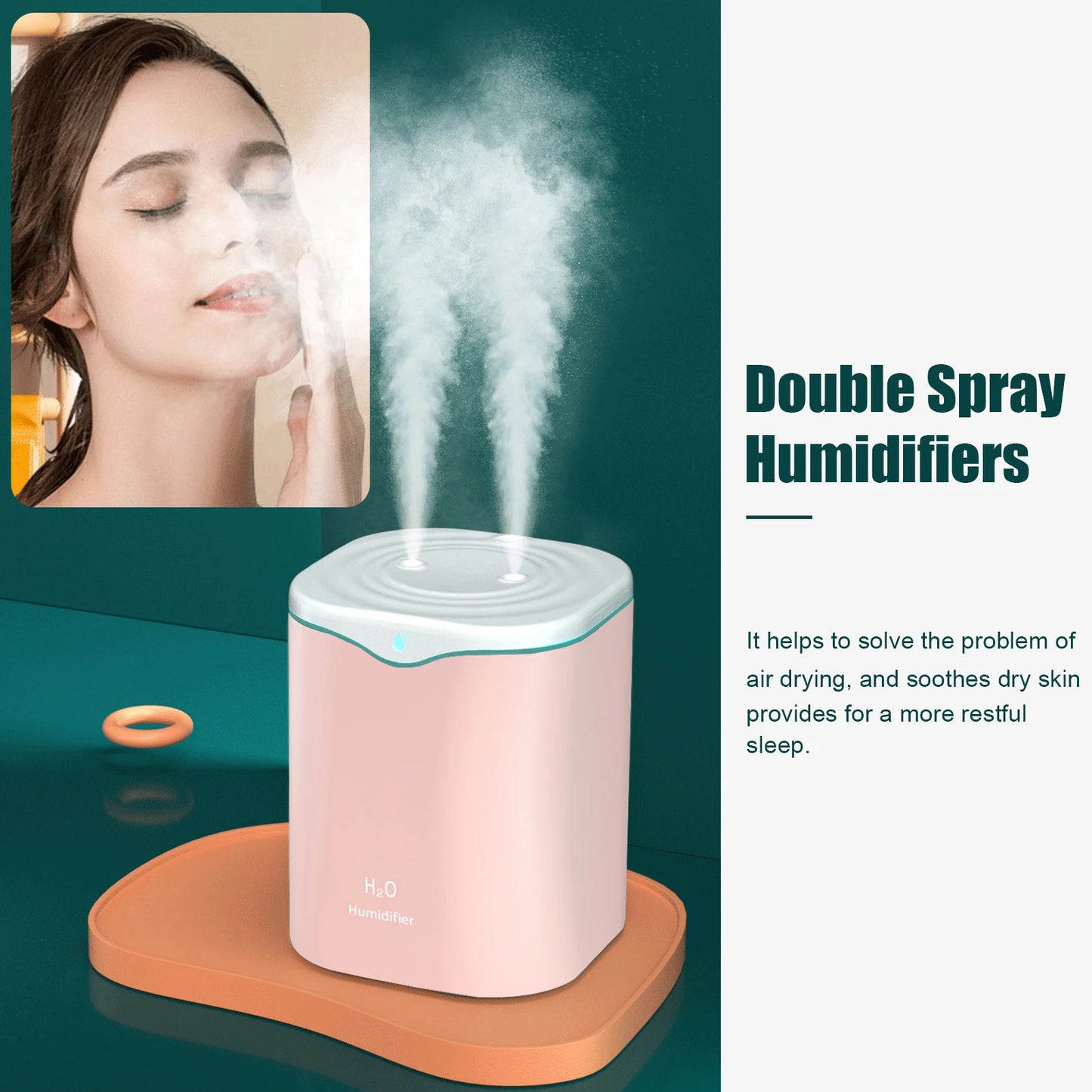 2L Double Spray Humidifiers with LED light Cool Mist Auto Shut-Off Humidifier Portable Desk Humidifiers for Bedroom Home Room