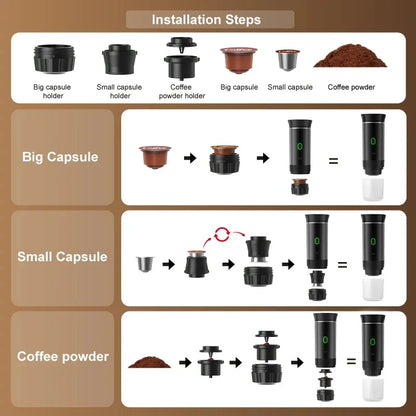 Wireless Electric Portable Espresso Coffee Machine for Car & Home Camping Coffee Maker 3-in-1 Capsule Powder Travel Coffee Maker