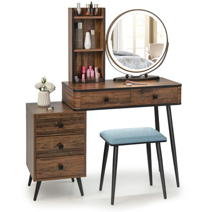 GOFLAME Vanity Set with 3-Color Lighted Mirror, Makeup Table w/ Cushioned Stool, 3-Drawer Chest