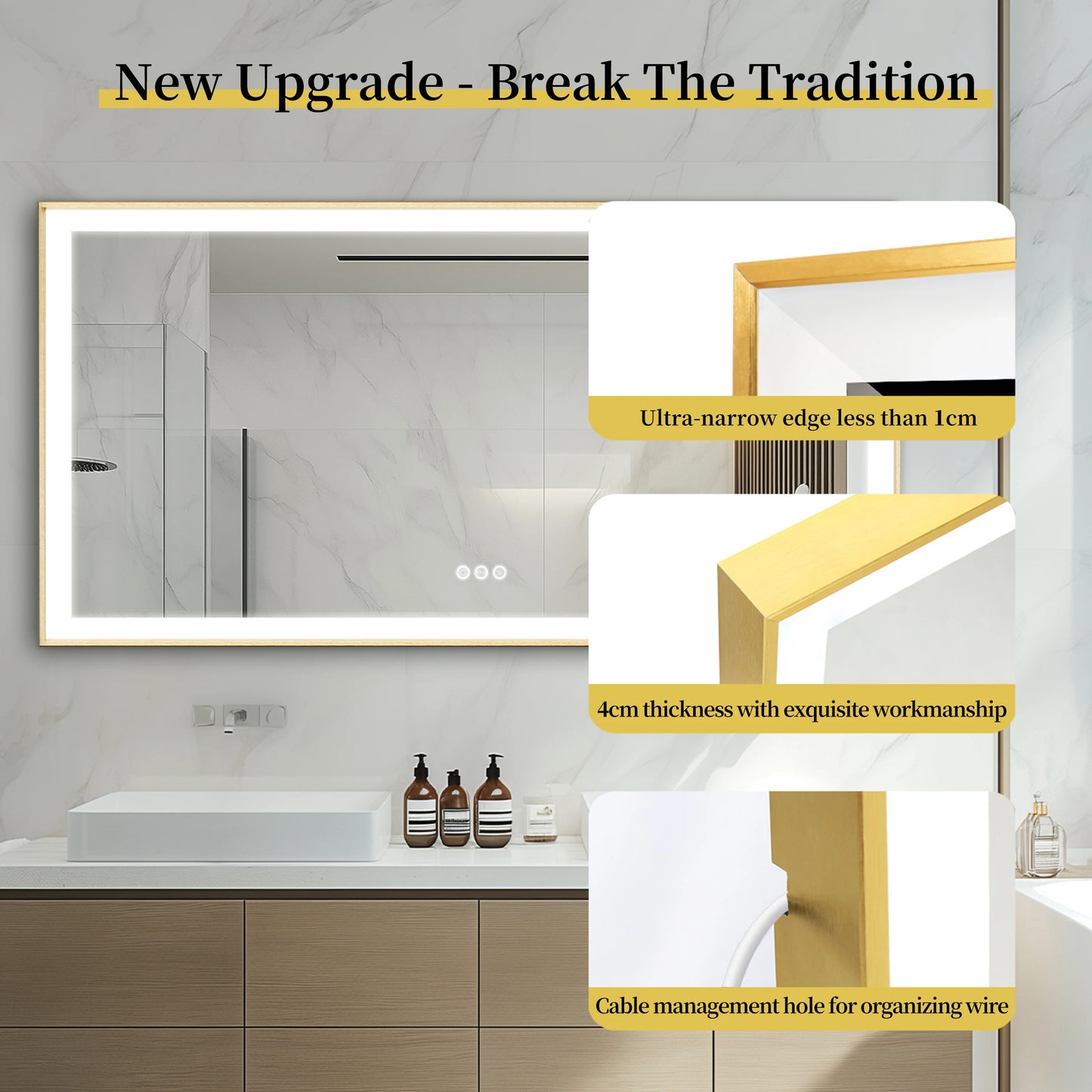 Overlength 140/151/160CM Rectangle LED Bathroom Mirror Gold Aluminum Frame Vanity MIirror Touch Defogging