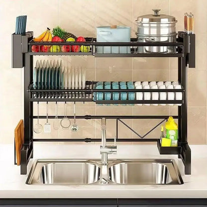 2 Tier Large Capacity Dish Rack, Sink Organize Stand, Kitchen Counter Storage Shelf Supplies for Plates Bowls Pots, Black