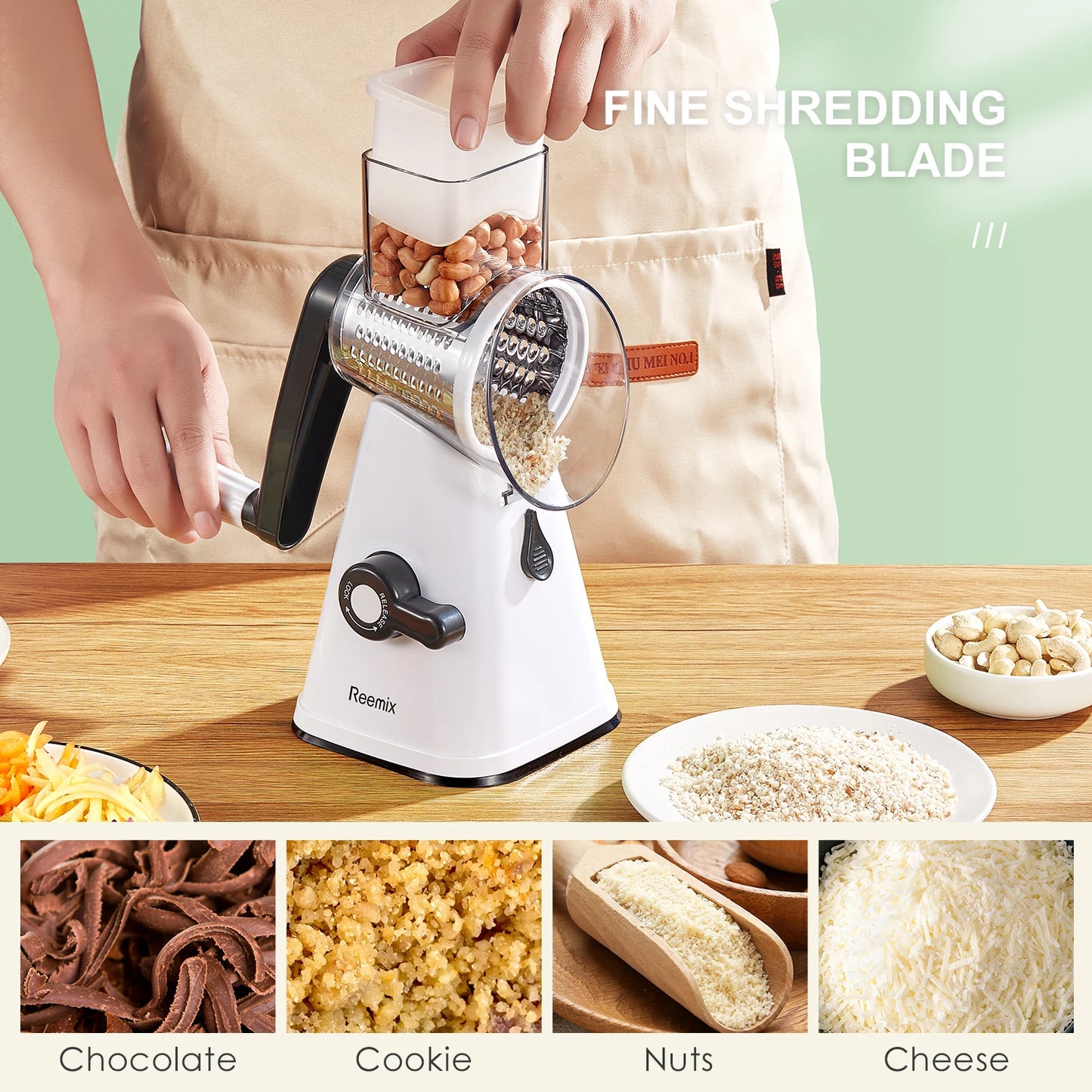 Rotary Cheese Grater, Reemix Rotary Vegetable Slicer, Rotary Kitchen Mandoline Vegetable Slicer with 3 Replaceable Stainless Ste