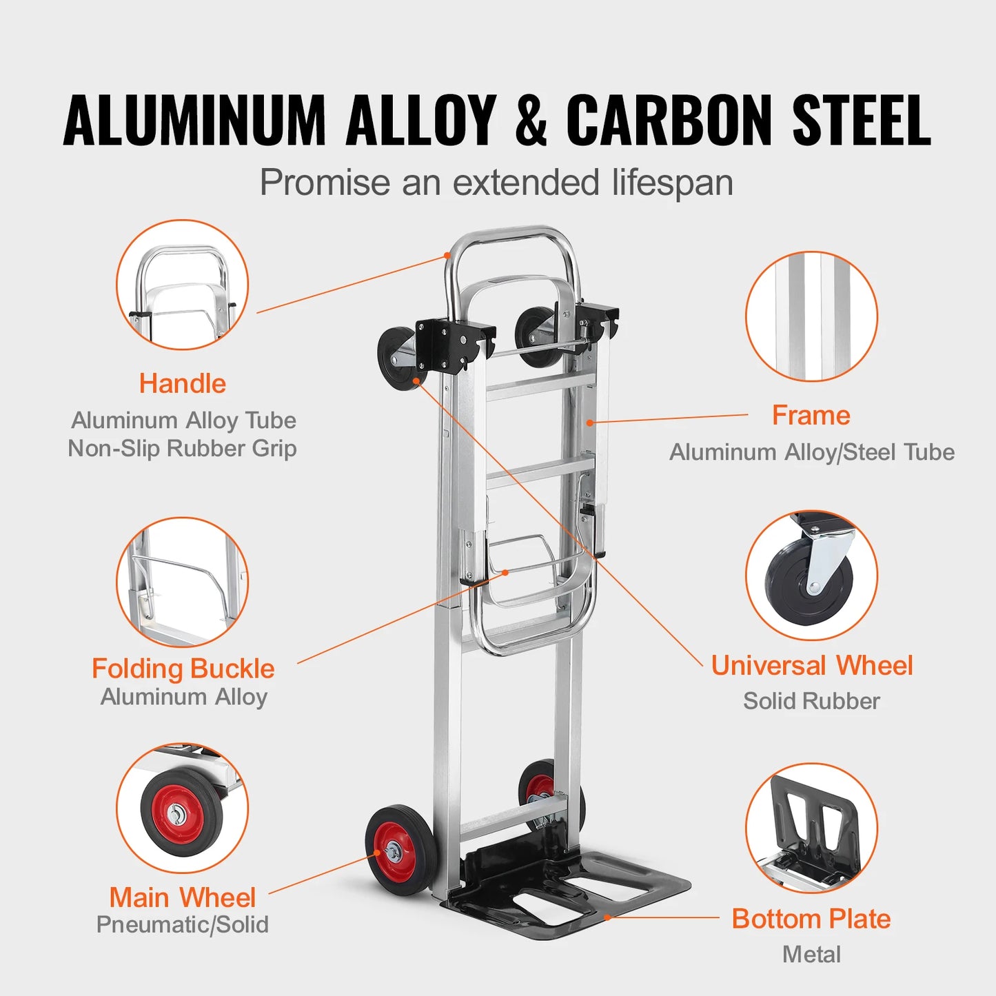 VEVOR Folding Hand Truck Aluminum Heavy Duty Industrial Collapsible Dolly Cart for Transport and Moving in Warehouse Supermarket