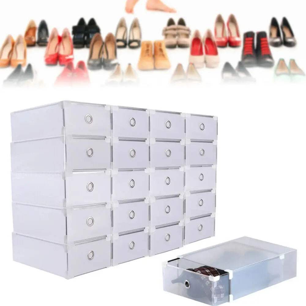 Set of 20 Clear Shoe Boxes Storage Organizer Containers with Lids, Stackable Suitable for Women's, Men's and Children's or Socks