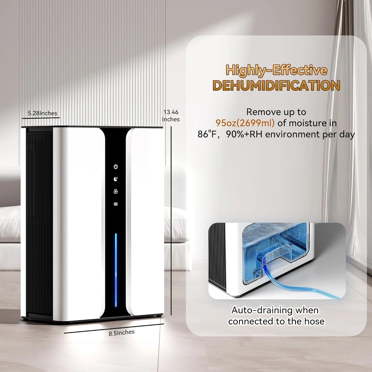 Quiet 95oz Dehumidifier for 950 sq.ft – Comes with Drain Hose & Reusable Filter, Ideal for Use in Bedrooms, Bathrooms, Basements