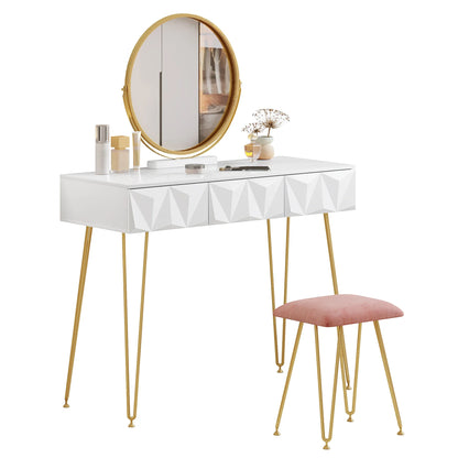 1SET White Gold Dressing Table  with 360° Swivel Mirror 3 Drawers 3D Effect Velvet Stool Cosmetic Makeup dressers for Bedroom