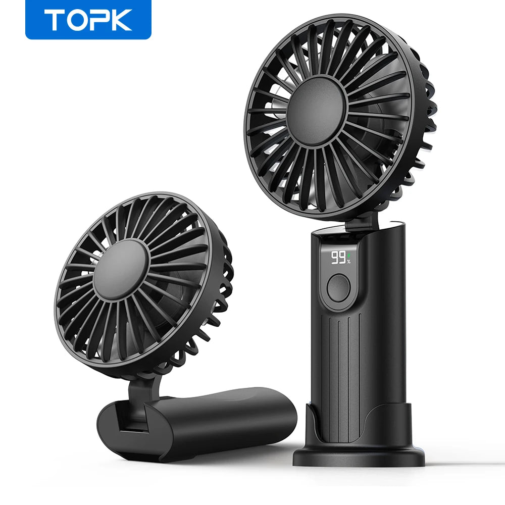 TOPK Portable Handheld Fan 5000mAh USB Rechargeable Foldable Fan 3 in 1 Personal Travel Fan with Digital Display Desk Fan