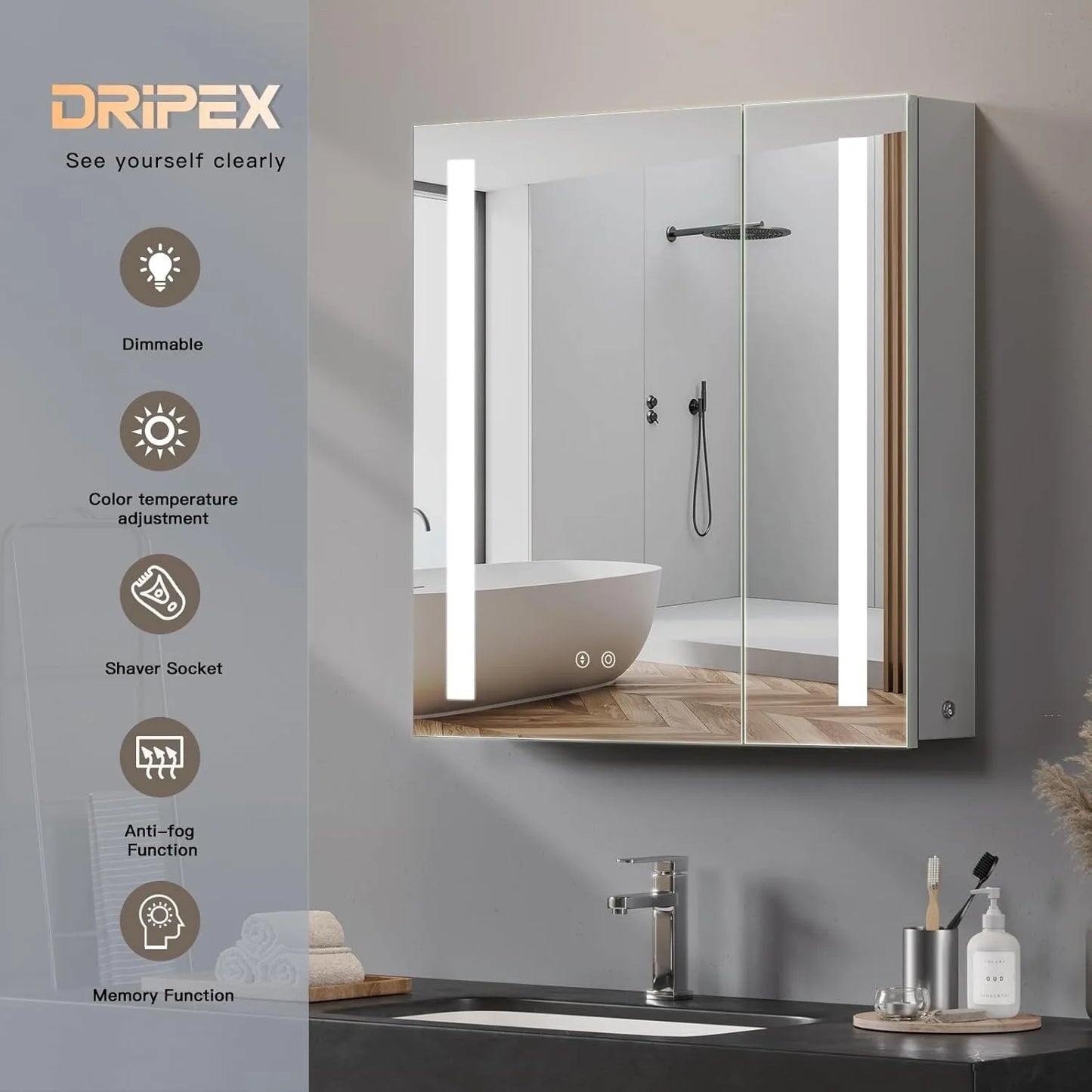 Mirror Cabinet,2 Doors Illuminated LED Bathroom Mirror Cabinet with Shaver Socket Dimmable Switch 3 Colors and Demister Pad-Grey