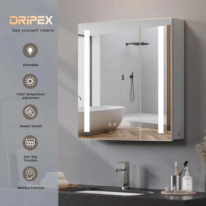 Mirror Cabinet,2 Doors Illuminated LED Bathroom Mirror Cabinet with Shaver Socket Dimmable Switch 3 Colors and Demister Pad-Grey