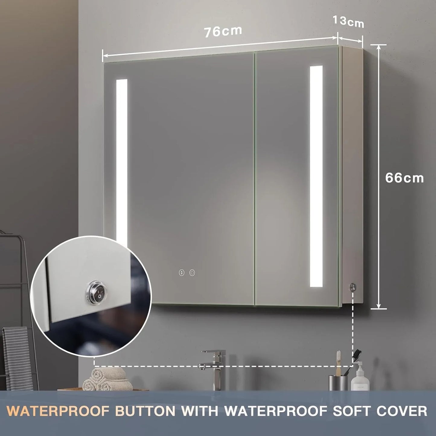 Mirror Cabinet,2 Doors Illuminated LED Bathroom Mirror Cabinet with Shaver Socket Dimmable Switch 3 Colors and Demister Pad-Grey