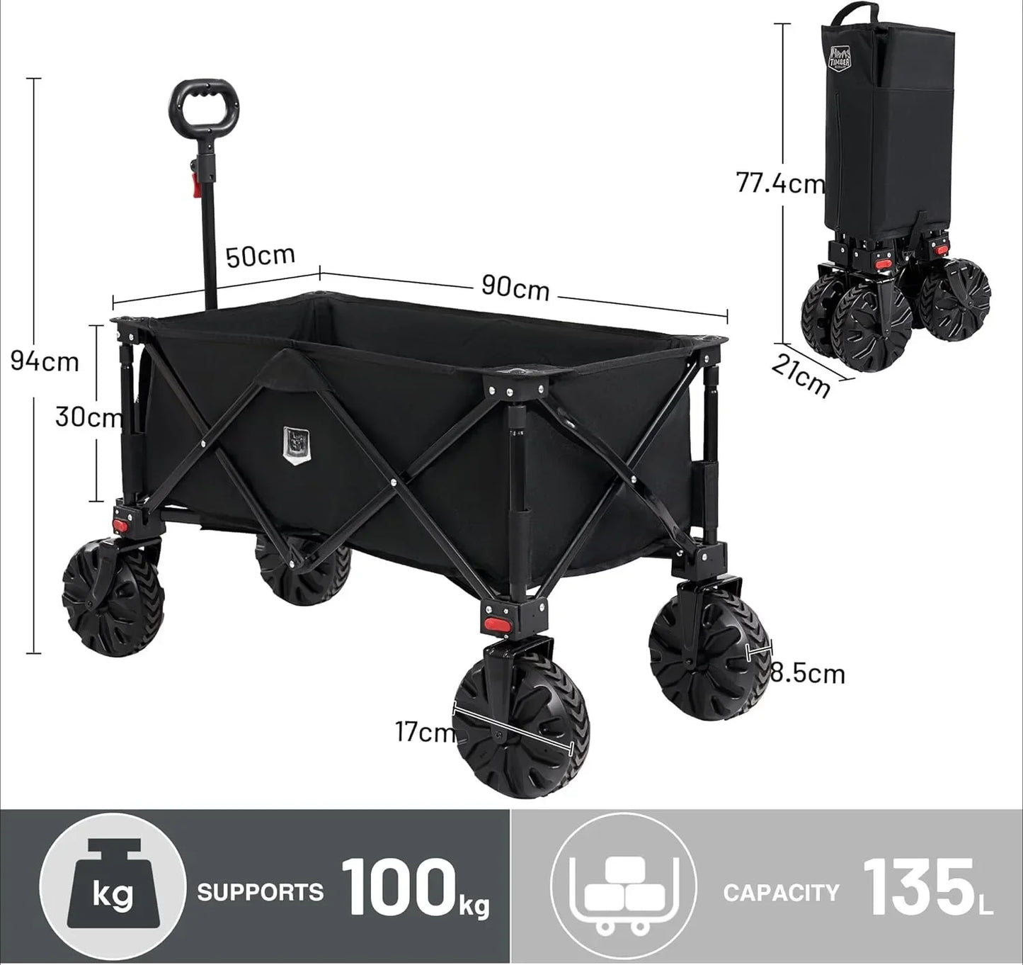 Trolley Detachable Big Wheels 100kg Capacity Collapsible Folding Wagon for Camping ,Heavy Duty Cart with Handle & Cover Bag