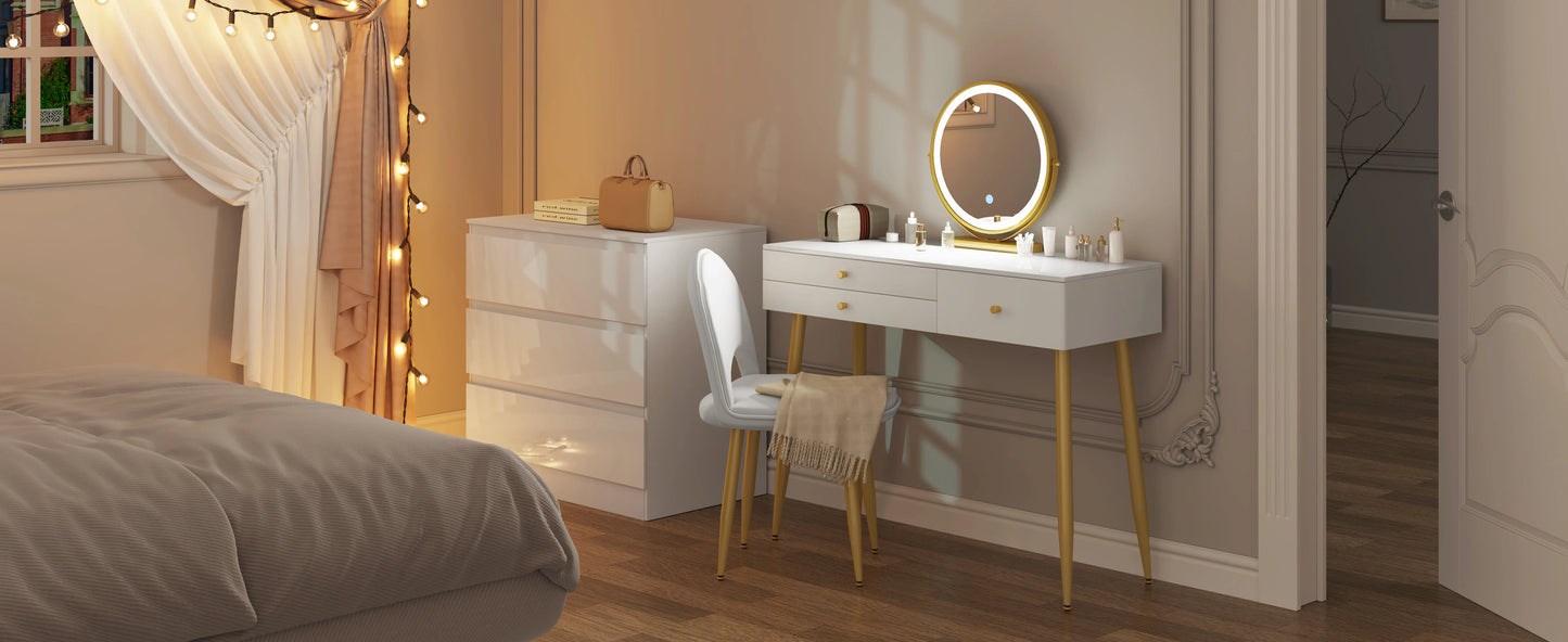 1SET Vanity Dressing Table Cosmetic Make up Table with Lighting Adjustable LED Mirror Light 3 Drawers Velvet Stool for Bedroom