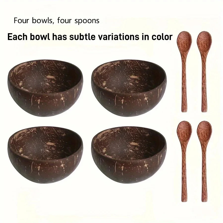 1/2/4 Sets Coconut Shell Bowls With Spoons Creative Rice Dessert Container Fruit Yogurt Salad Wooden Dinnerware For Home Kitchen