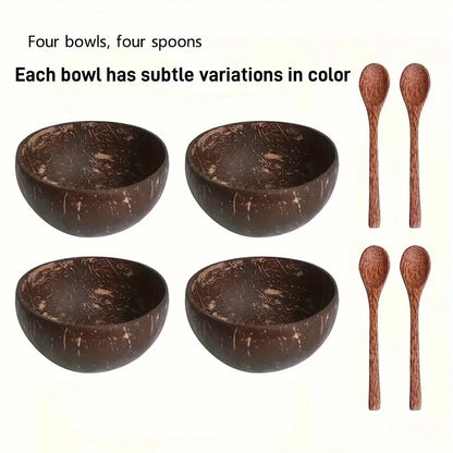 1/2/4 Sets Coconut Shell Bowls With Spoons Creative Rice Dessert Container Fruit Yogurt Salad Wooden Dinnerware For Home Kitchen