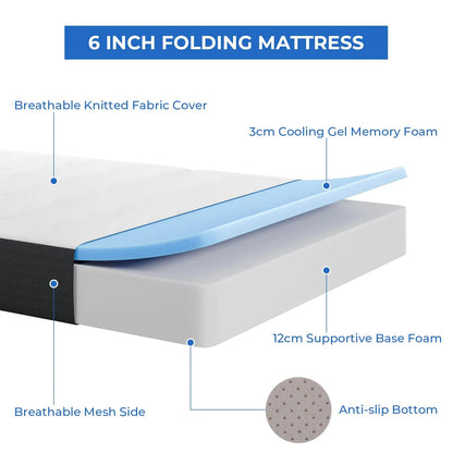 15CM Gel Memory Foam Foldable Mattress Tri-fold for Travel, Camping, Guest Bed - 100-Night Trial, CertiPUR-US Certified