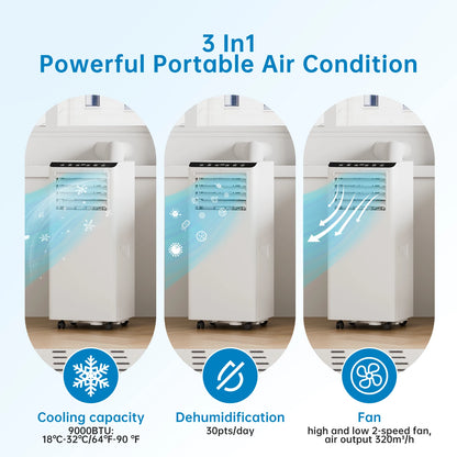 4-In-1 Portable Air Conditioner With Follow Me Function, 9000BTU Dehumidifier, Ventilation, 24 Hour Timer,Sleep Mode&Window Kit