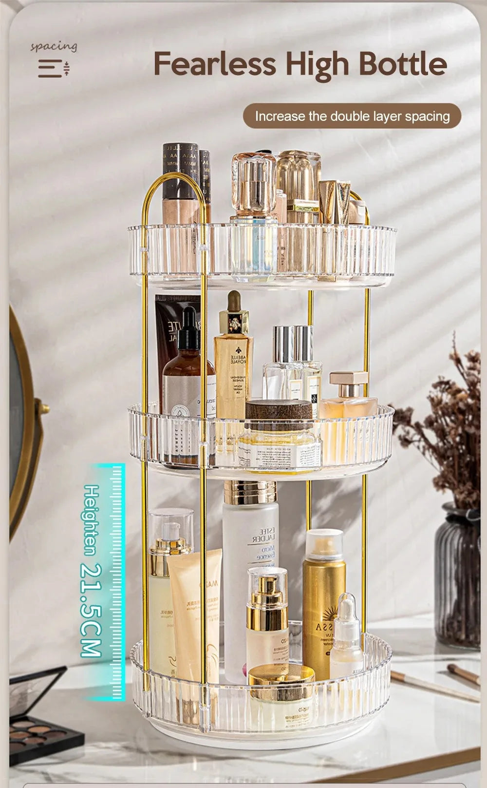 360 Rotating Makeup Organizer for Vanity Bathroom Countertop Organizer Perfume Organizer Skincare Dresser Holder Rack 3 Layers