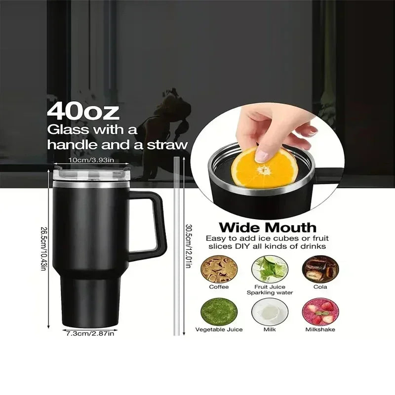 NEW 40oz Stainless Steel Water Bottle with Handle Lid Straw Vacuum Thermos Cup Car Coffee Mug Personalized Tumbler