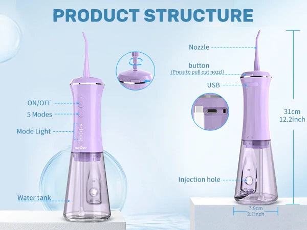 SEJOY C12 Dental Water Flosser Oral Irrigator USB Rechargeable Teeth Cleaner Portable 5 Modes IPX7 Mouth Washing Machine