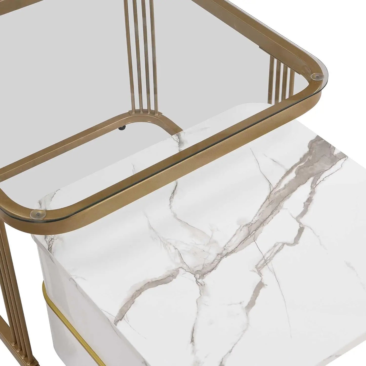 Nestable Coffee Table High-gloss Marble Exterior and Glass Tabletop Gold Decoration Side Table with Drawer Set of Two (White)