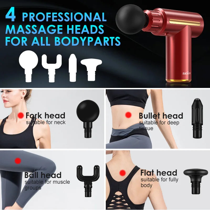 Sejoy Fascia Massage Gun Mini Portable with LED Touch Screen 4 Replaceable Massage Heads 10 Speeds Percussion Massager Red