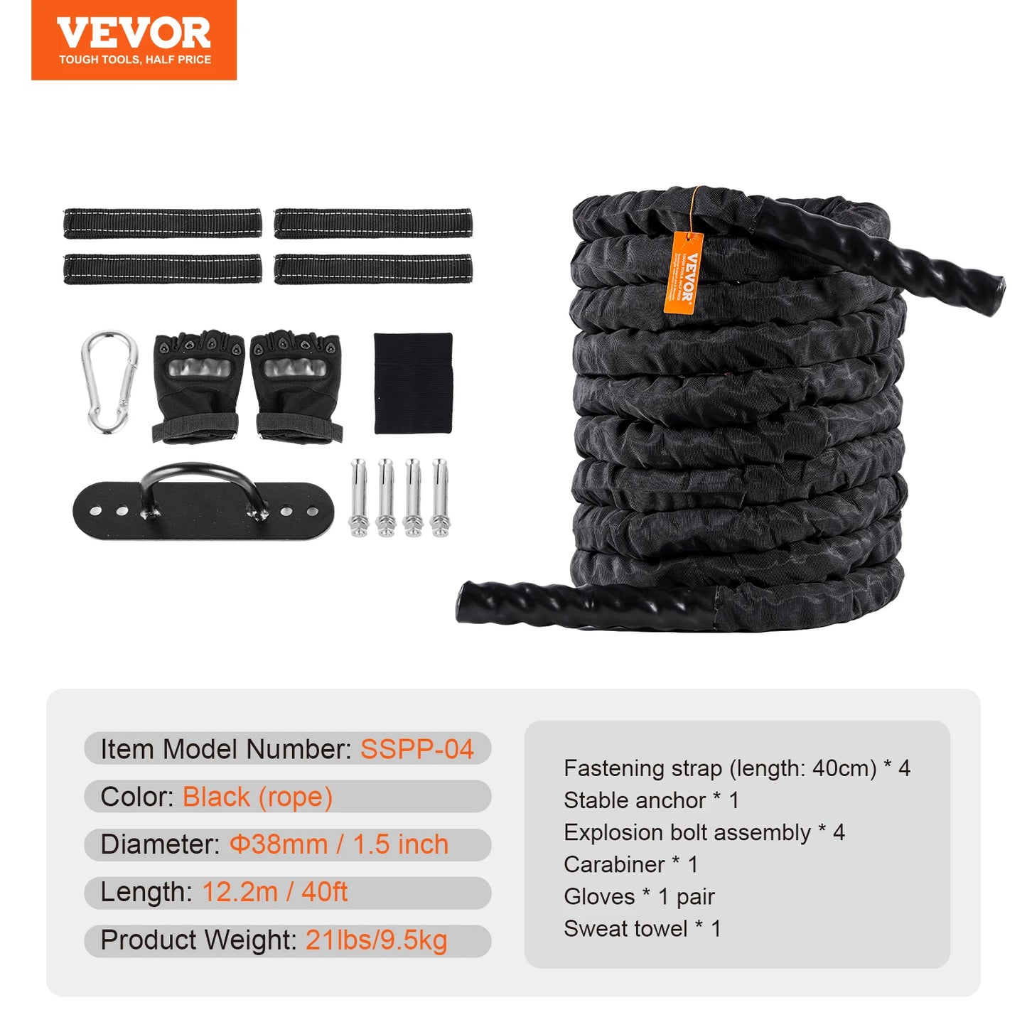 VEVOR Battle Rope Polyester Exercise Rope Battle Exercise Equipment with Protective Sleeve and Anchor Heavy Weighted Pull Rope