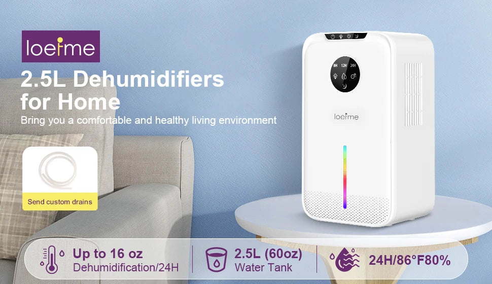 2.5L Large Dehumidifier Portable Quiet Home Air Dryer for Mould Moisture Damp++ Large Water Tank LED Display