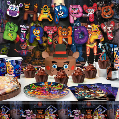 Fnaf Birthday Party Supplies,128pcs Five Nights at Freddy's Birthday Decorations&Tableware Set-Plates and Cups Tablecloth Banner