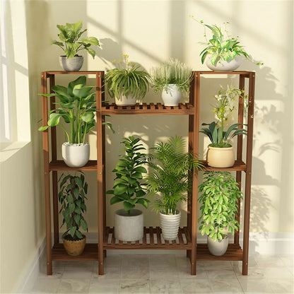 10 Pot Bamboo Plant Stand for In/Outdoor, Bonsai Flower Display, Shelf Holder Rack, Stylish