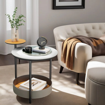 Unique 3-Tier Round Side End Table Sintered Stone-top and Saddle Leather Shelves Accent Bedside Table for Living Room, Bedroom