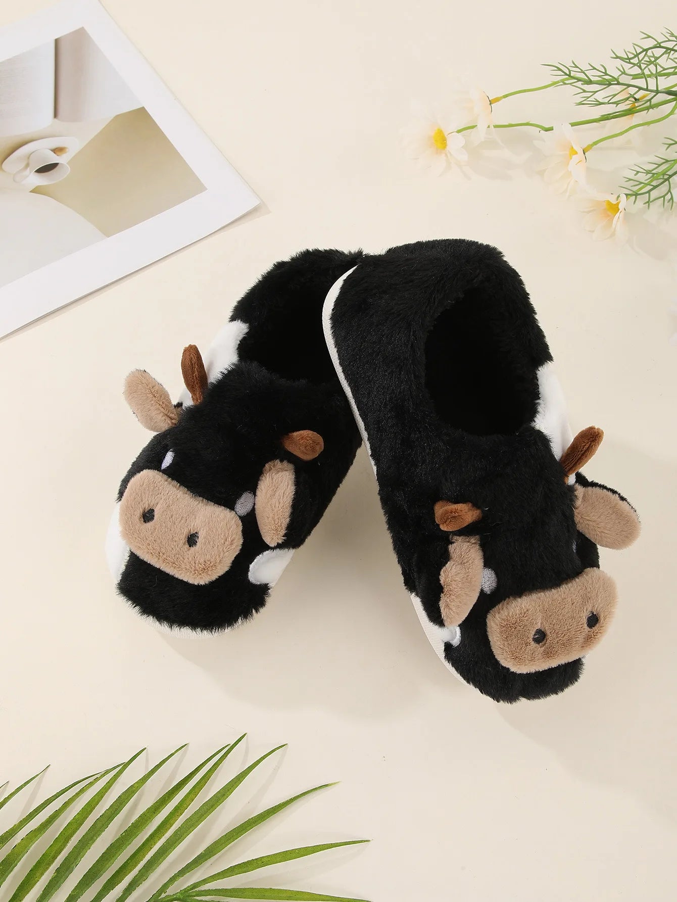 New Winter Unisex Cartoon Cow Warm Plush Slippers Couple's Indoor Non-slip House Slides Men And Women Toe Wrap Home Cotton Shoe