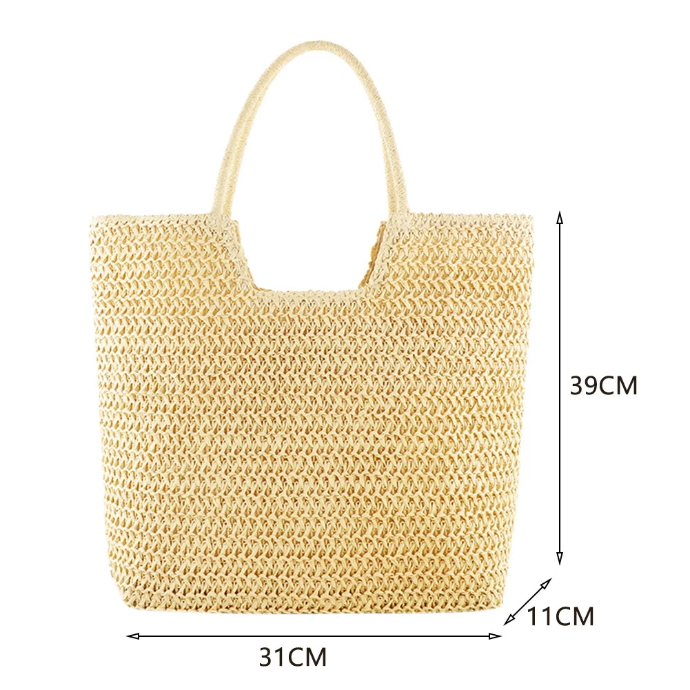 Women Straw Woven Shoulder Bag Solid Color Shoulder Summer Woven Pouch for Women Handmade Traveling Handbags Underarm Bags