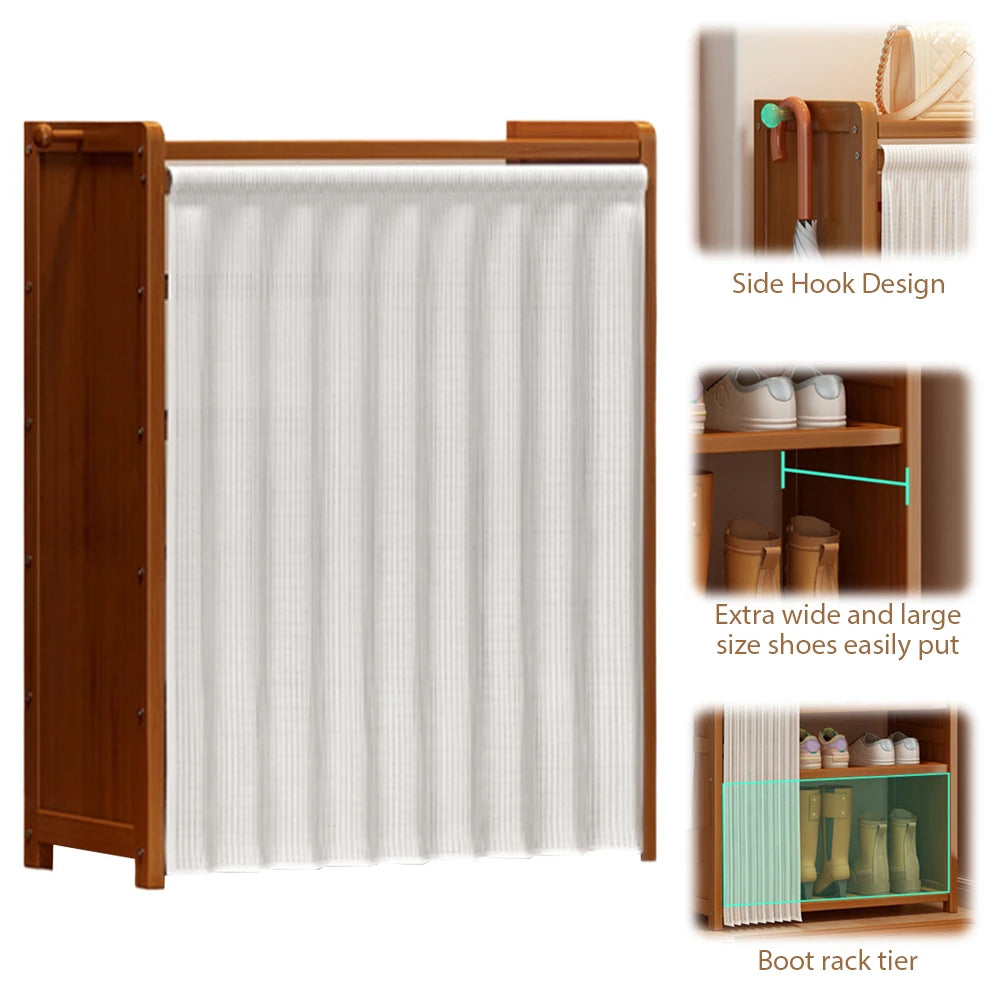 6-Tier Cabinet Organizer with White Gauze Curtain Wooden Storage Shelves Shoe Organizer for Entryway Living Room Hallway Doorway