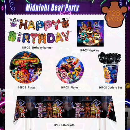 Fnaf Birthday Party Supplies,128pcs Five Nights at Freddy's Birthday Decorations&Tableware Set-Plates and Cups Tablecloth Banner