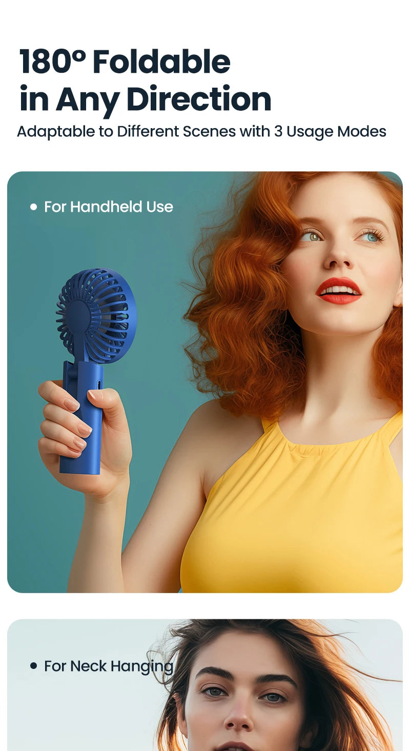 TOPK Portable Hand Held Fan,5000mAh 2-IN-1 Neck HandHeld Fan 180° Foldable Whisper-Quiet Brushless Motor Comes with Hanging Rope