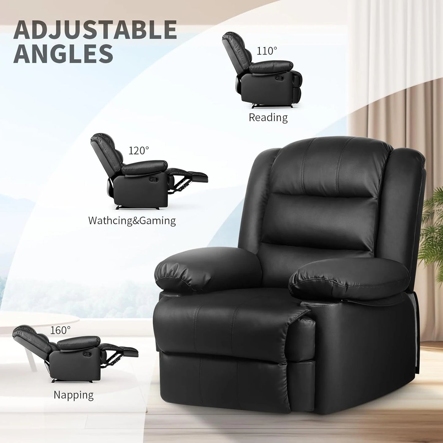 Recliner Armchair Padded Seat Single Sofa Lounge Seating Adjustable Reclining PU Couch Chair for Living Room Bedroom Home Theate