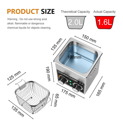 Ultrasonic Cleaner Bath 2L 60W/120W with Stainless Basket Heater Timer Digital Display Diswasher Ultrasound Home Appliances