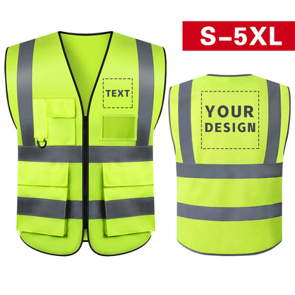 S-5XL Custom LOGO Safety Vest Reflective Vest with Pockets and Zipper High Visibility Construction Vest Workwear