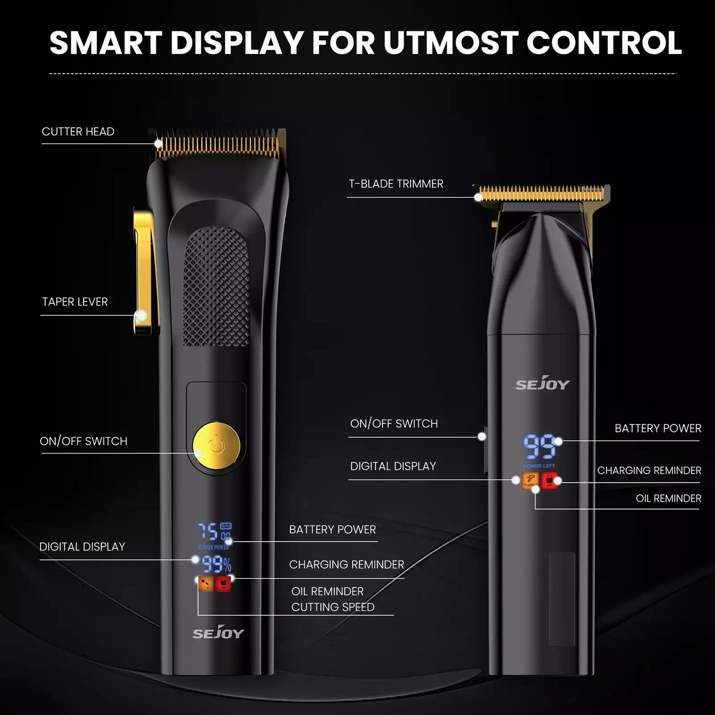 Sejoy Hair Clippers Kit With T-Blade Professional Hair Trimmer LED Display USB Fast Charging Barber Accessories