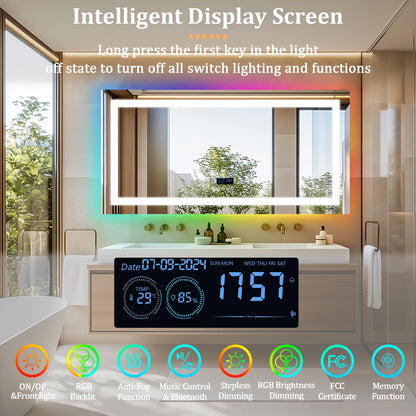 Rectangular LED Bathroom Mirror, Front-lit, RGB Backlight, Touch Antifog Vanity Mirror with Date and Time Bluetooth Speaker