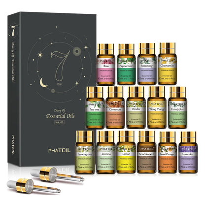 PHATOIL 15pcs Gift Set Aromatherapy Essential Oils For Humidifier-5ml Lavender Rose Jasmine Eucalyptus Fragrance Aroma Oils