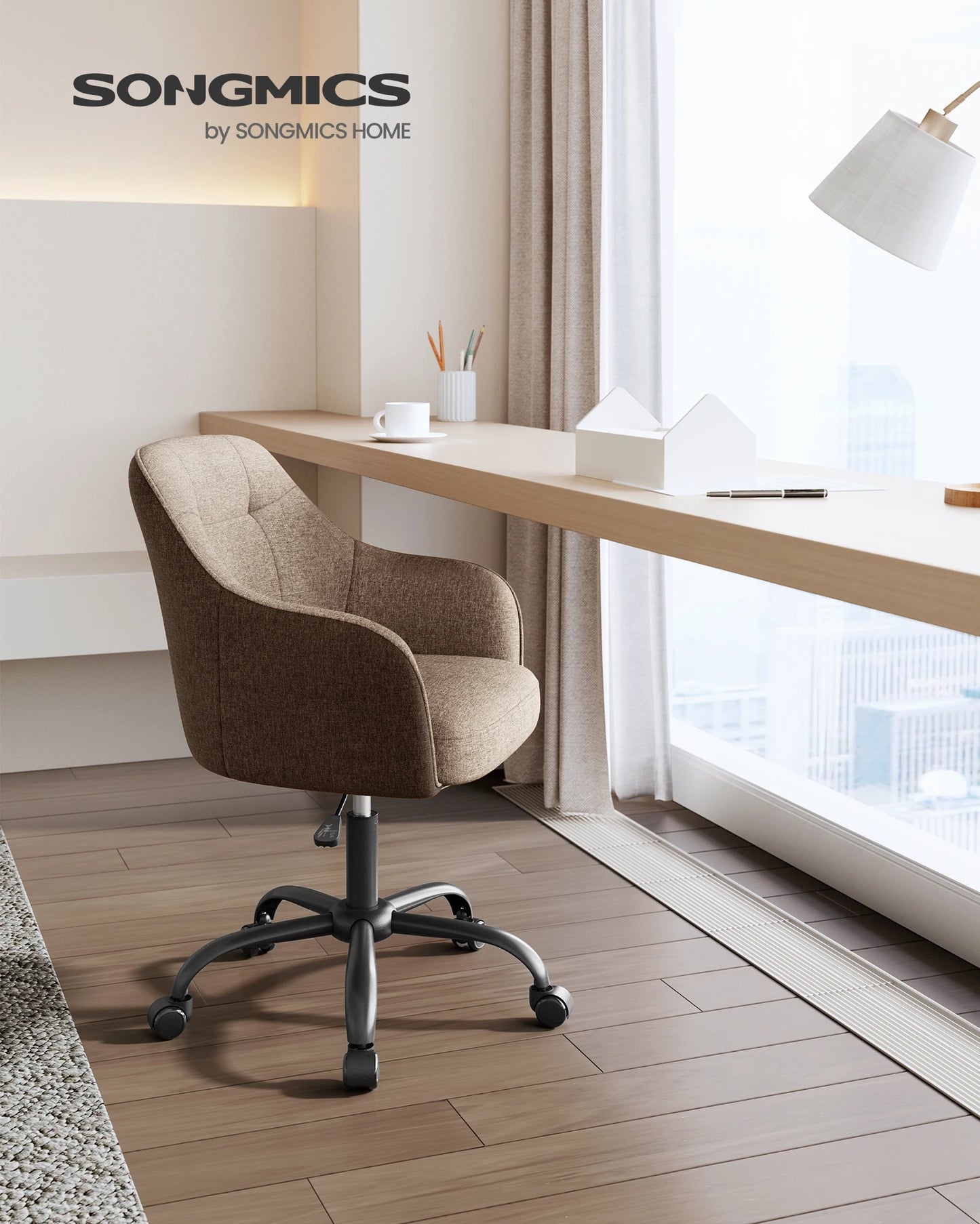 SONGMICS Office Chair, Swivel Chair, Makeup Vanity Chair, Adjustable Height, Armrests, Cotton-Linen Fabric