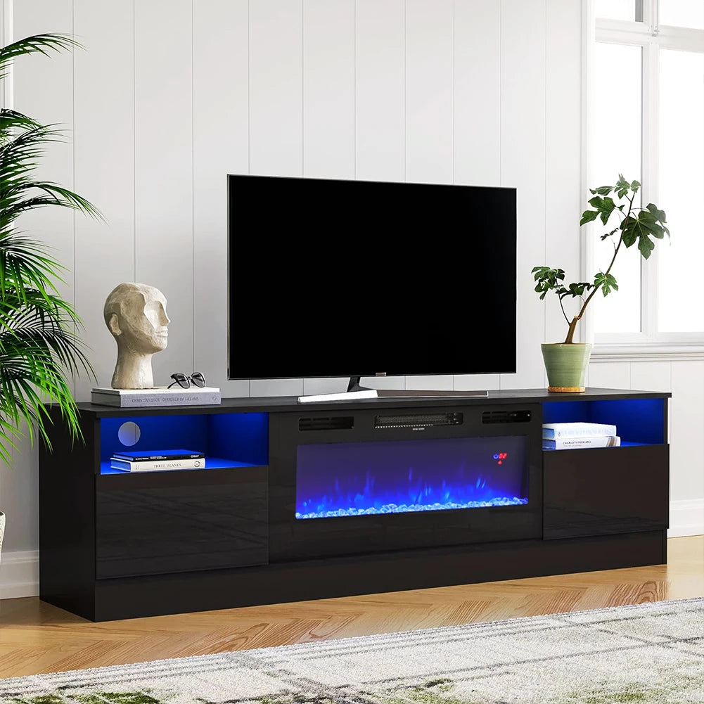 KOMORE Recessed Electric Fireplace TV Stand with Closed Storage, Overheating Protection, 12 Colors, 1-8H timer, Black&White