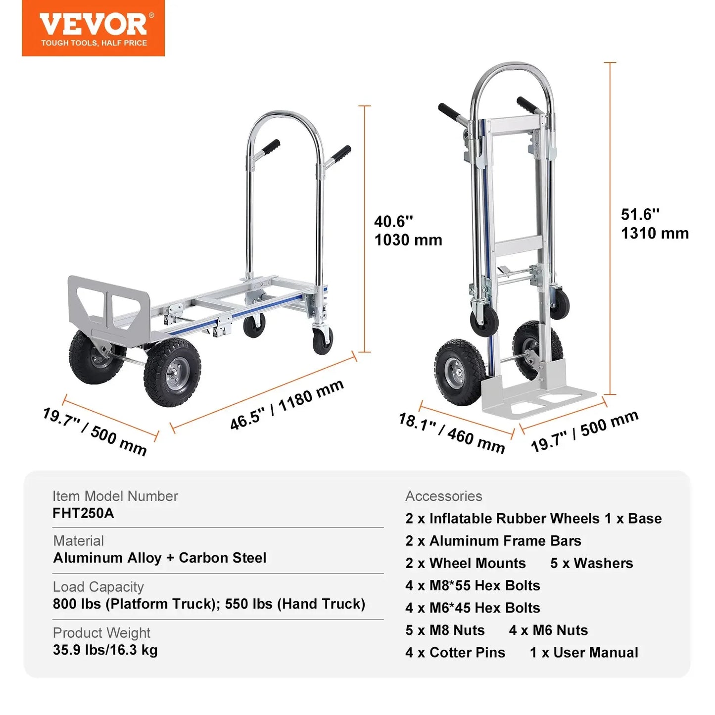 VEVOR Aluminum Folding Hand Truck Heavy Duty Industrial Collapsible Dolly Cart for Transport and Moving in Warehouse Supermarket