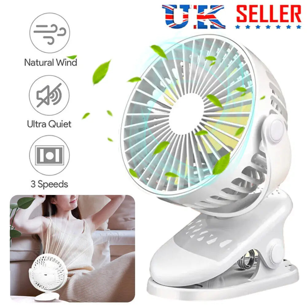 Portable Clip On Fan USB Rechargeable 3 Speeds Table Desk Air Coog Fans White