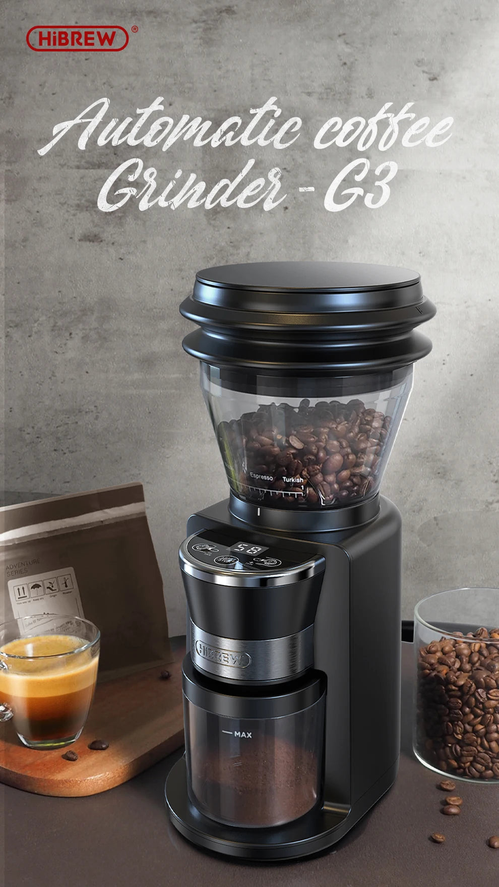 HiBREW Automatic Burr Mill Electric Coffee Grinder with 34 Gears for Espresso American Coffee Pour Over Visual Bean Storage G3