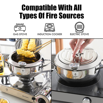 20 cm Cooking Tool 304 Stainless Steel 2 Handles 2.2L With Thermometer and Lid Tempura Fryer Pan Deep Frying Pot