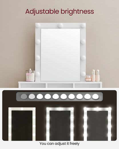 VASAGLE Dressing Table, LED Lights with Adjustable Brightness, Vanity Table with Mirror, 2 Drawers and 3 Compartments