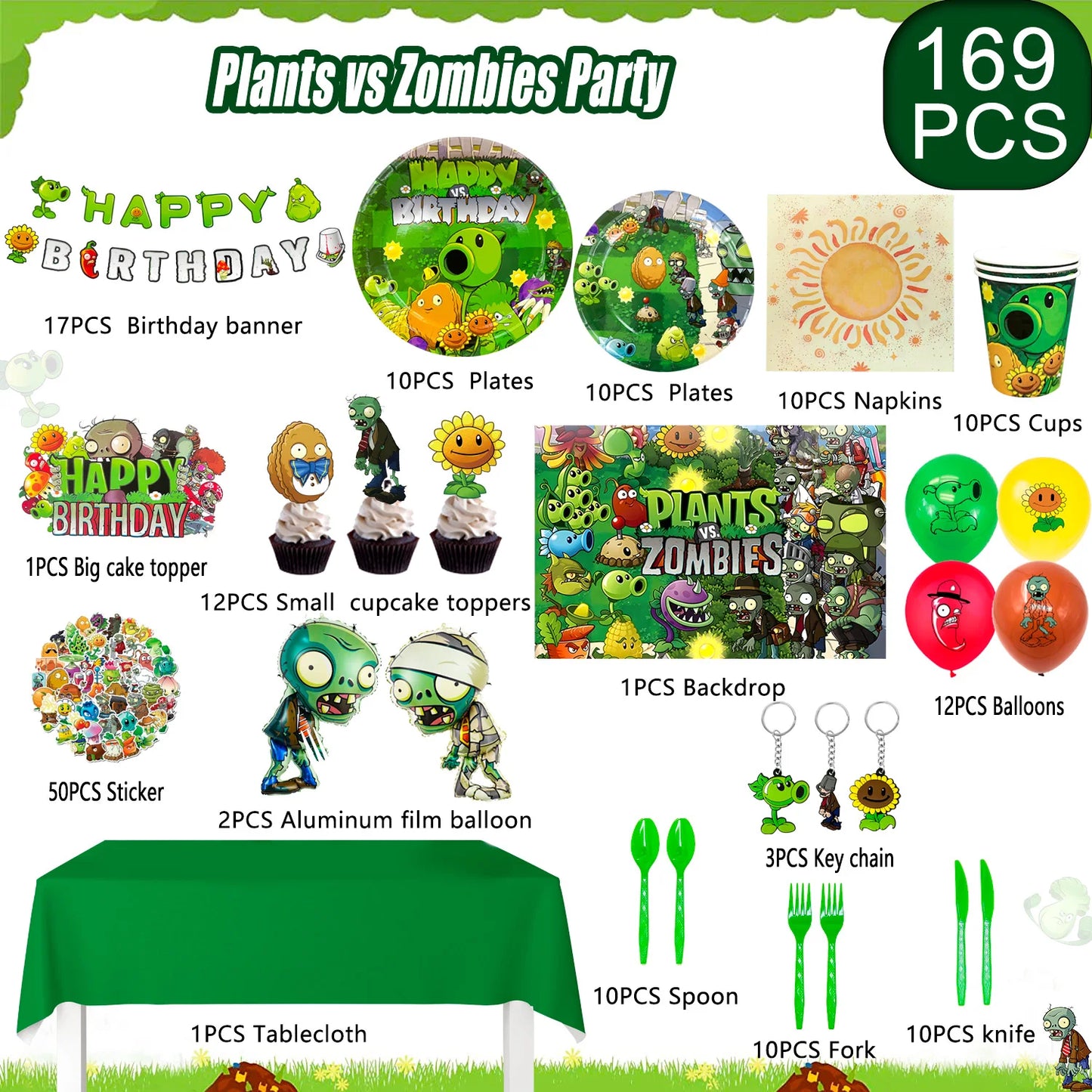 Plants vs Zombies Party Supplies,169pcs Plants vs Play Game Zombies Party Kit-Balloons Banner Backdrop Stickers Plates Cups etc