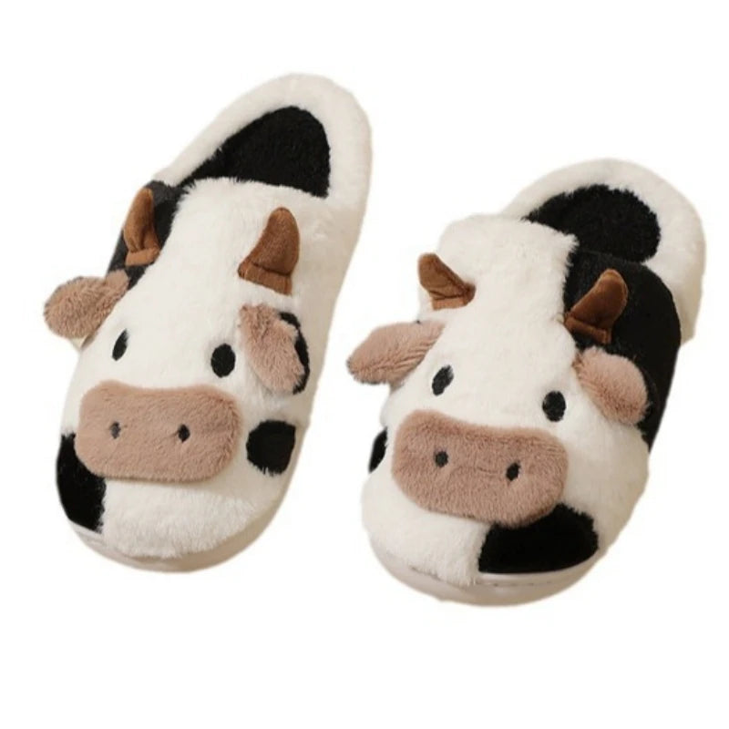 2024 Winter Warm Milk Cow Women Slippers Men Cute Soft Plush Sandals Adults Lovely Non-slip Flip Flops Couples Home Flat Slides